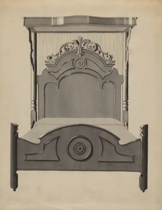 Framed Print : Half-canopy Carved Bed, c. 1936. Creator: Dorothy Posten Framed Print : Half-canopy Carved Bed, c. 1936. Creator: Dorothy Posten