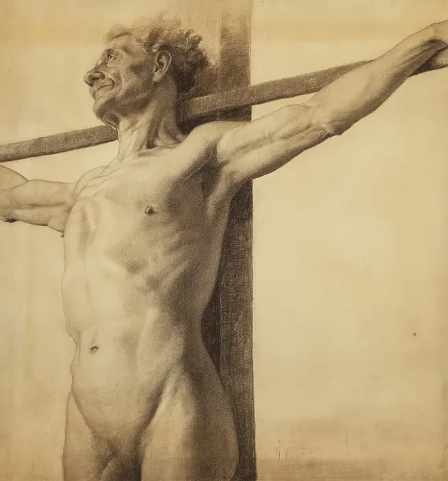 Framed Print : Half-length nude model with his arms extended on a cross, 1881. Creator: Theodore Clement Steele Framed Print : Half-length nude model with his arms extended on a cross, 1881. Creator: Theodore Clement Steele