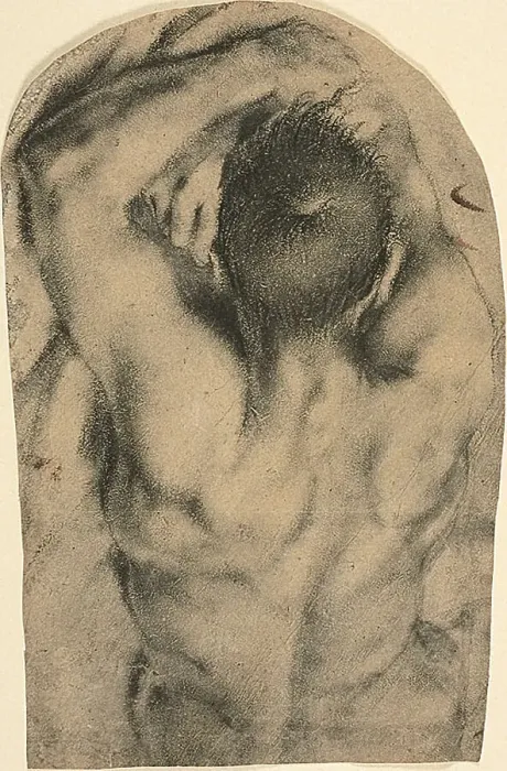 Framed Print : Half-Length Recumbent Male Nude Seen from the Back, c.1590. Creator: Pietro Faccini Framed Print : Half-Length Recumbent Male Nude Seen from the Back, c.1590. Creator: Pietro Faccini