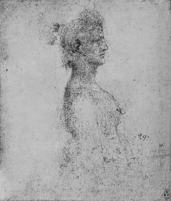 Framed Print : Half-Length of a Young Woman in Profile to the Right, c1480 (1945). Artist: Leonardo da Vinci Framed Print : Half-Length of a Young Woman in Profile to the Right, c1480 (1945). Artist: Leonardo da Vinci