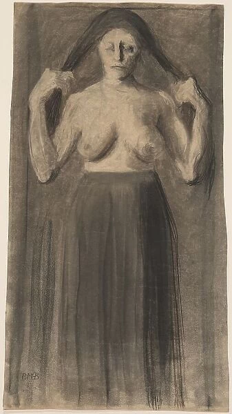 Half-Nude Woman Holding Her Hair Apart, c. 1898. Creator: Paula Modersohn-Becker