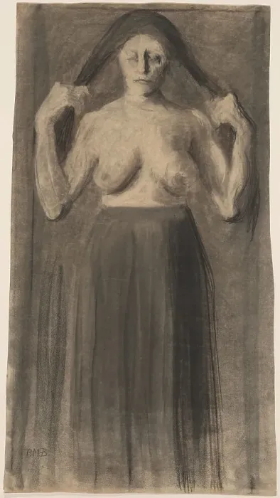 Framed Print : Half-Nude Woman Holding Her Hair Apart, c. 1898. Creator: Paula Modersohn-Becker Framed Print : Half-Nude Woman Holding Her Hair Apart, c. 1898. Creator: Paula Modersohn-Becker