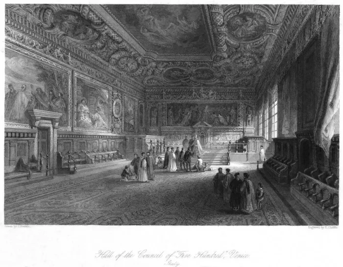 Framed Print : Hall of the Council of Five Hundred, Venice, Italy, 19th century. Artist: E Challis Framed Print : Hall of the Council of Five Hundred, Venice, Italy, 19th century. Artist: E Challis
