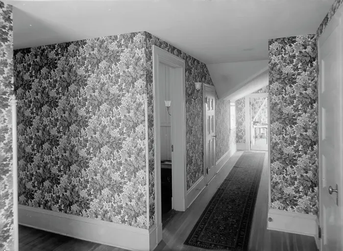 Framed Print : Hall with floral wallpaper, probably in a clubhouse, New York City, between 1900 and 1910. Creator: William H. Jackson Framed Print : Hall with floral wallpaper, probably in a clubhouse, New York City, between 1900 and 1910. Creator: William H. Jackson