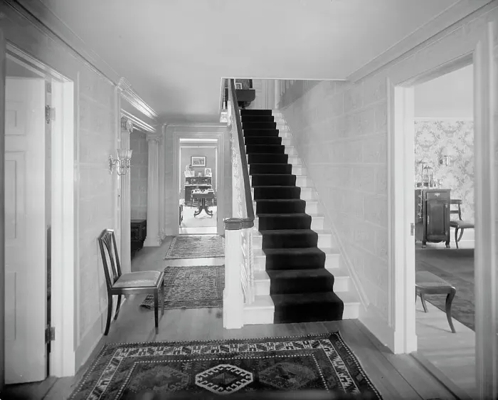 Framed Print : Hall and stairway, probably in clubhouse, New York City, between 1900 and 1910. Creator: William H. Jackson Framed Print : Hall and stairway, probably in clubhouse, New York City, between 1900 and 1910. Creator: William H. Jackson