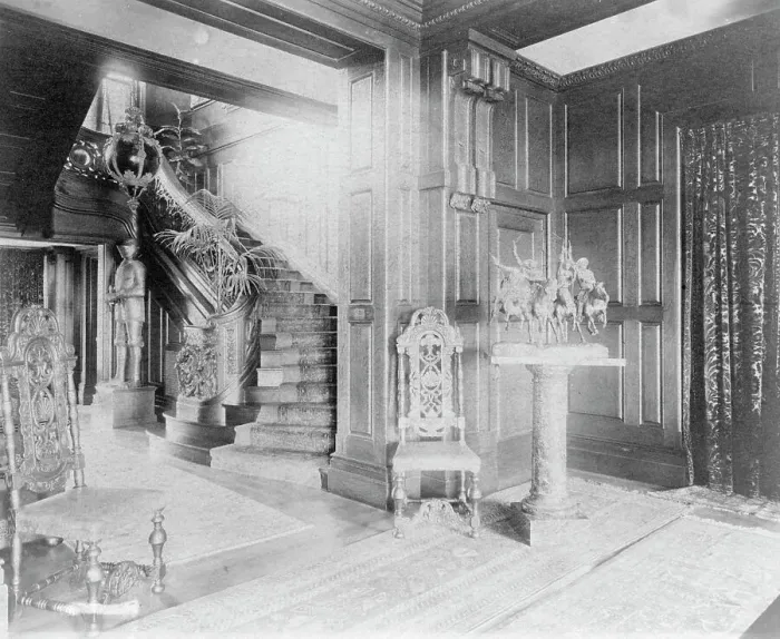 Framed Print : Hall and stairway, with suit of armor at left, and statue of cow... Greenwich, Connecticut, 1908. Creator: Frances Benjamin Johnston Framed Print : Hall and stairway, with suit of armor at left, and statue of cow... Greenwich, Connecticut, 1908. Creator: Frances Benjamin Johnston