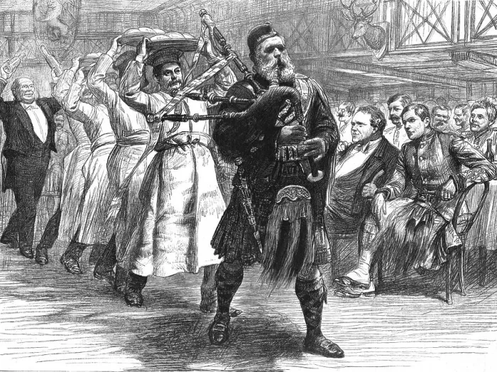 Framed Print : The Hallowe'en Dinner of the London Scottish Volunteers -- Bringing in the Haggis, 1891. Creator: William Lockhart Bogle Framed Print : The Hallowe'en Dinner of the London Scottish Volunteers -- Bringing in the Haggis, 1891. Creator: William Lockhart Bogle