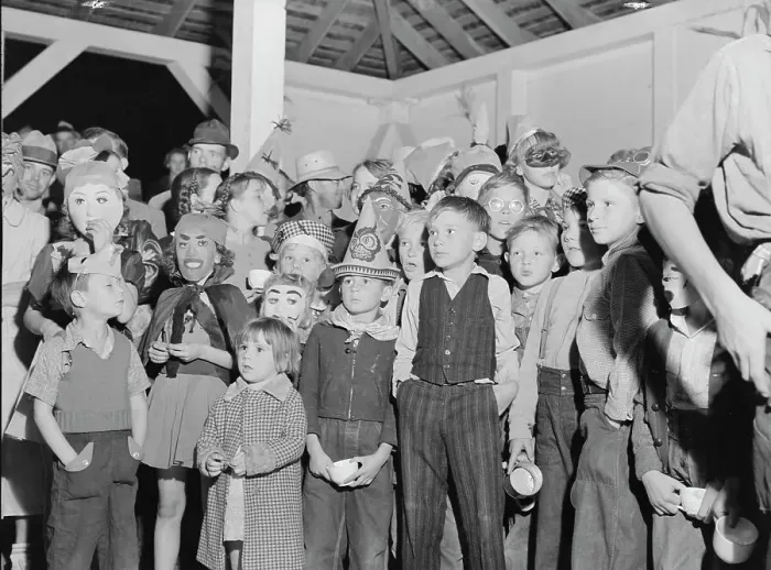 Framed Print : Halloween party at Shafter migrant camp, California, 1938. Creator: Dorothea Lange Framed Print : Halloween party at Shafter migrant camp, California, 1938. Creator: Dorothea Lange