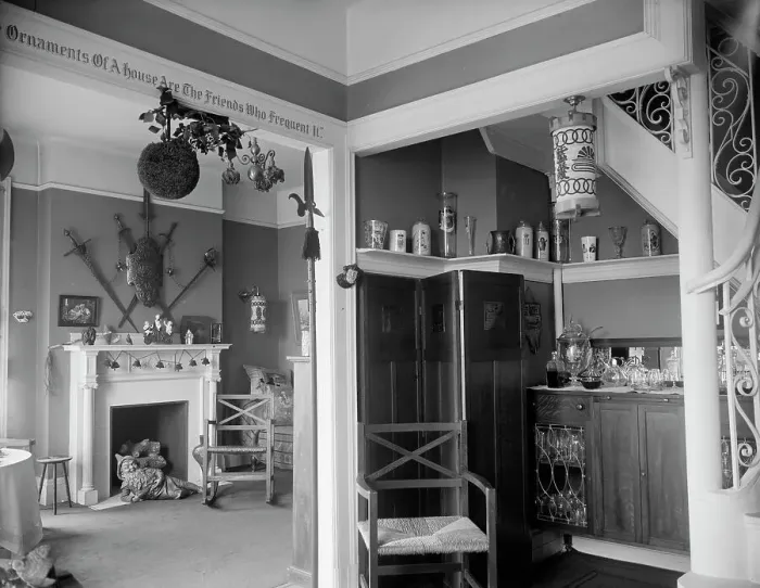 Framed Print : Hallway with liquor cabinet and living room decorated with mistletoe ball and Christm... c1900-1915 Creator: Unknown Framed Print : Hallway with liquor cabinet and living room decorated with mistletoe ball and Christm... c1900-1915 Creator: Unknown
