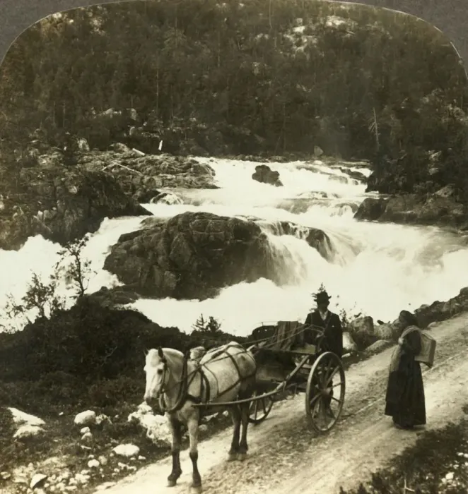 Framed Print : Halt of a stolkjaerre on the Telemarken road beside the foaming Little Rjukan Falls Framed Print : Halt of a stolkjaerre on the Telemarken road beside the foaming Little Rjukan Falls