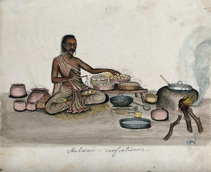 Framed Print : A halwai (sweet maker) weighing some mithai (sweets), (between 1800 and 1899?). Creator: Unknown Framed Print : A halwai (sweet maker) weighing some mithai (sweets), (between 1800 and 1899?). Creator: Unknown