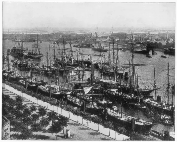 Framed Print : Hamburg harbour, Germany, late 19th century. Artist: John L Stoddard Framed Print : Hamburg harbour, Germany, late 19th century. Artist: John L Stoddard