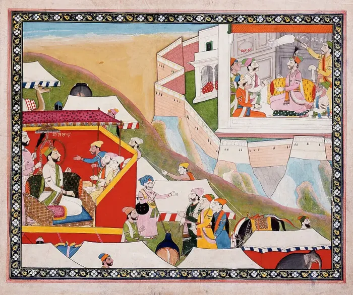 Framed Print : Hamir Receives Mehma, Folio from a Hamir Hath, c1840. Creator: Unknown Framed Print : Hamir Receives Mehma, Folio from a Hamir Hath, c1840. Creator: Unknown