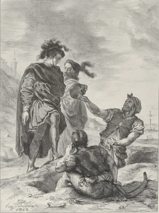 Framed Print : Hamlet and Horatio before The Gravediggers, 1843. 1843. Creator: Eugene Delacroix Framed Print : Hamlet and Horatio before The Gravediggers, 1843. 1843. Creator: Eugene Delacroix
