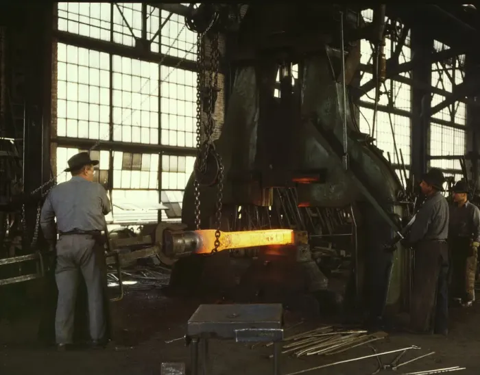 Framed Print : Hammering out a draw bar on the steam drop... Santa Fe R.R. shops, Albuquerque, New Mexico, 1943. Creator: Jack Delano Framed Print : Hammering out a draw bar on the steam drop... Santa Fe R.R. shops, Albuquerque, New Mexico, 1943. Creator: Jack Delano