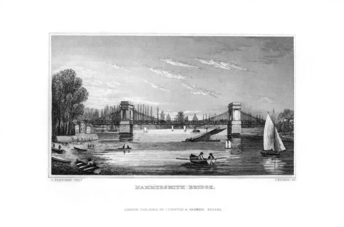Framed Print : Hammersmith Bridge, Hammersmith, London, 1829. Artist: J Rogers Framed Print : Hammersmith Bridge, Hammersmith, London, 1829. Artist: J Rogers