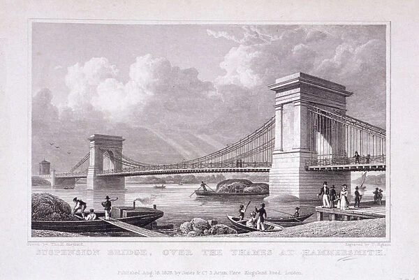 Hammersmith Bridge with water vessels on the River Thames, Hammersmith, London, 1828