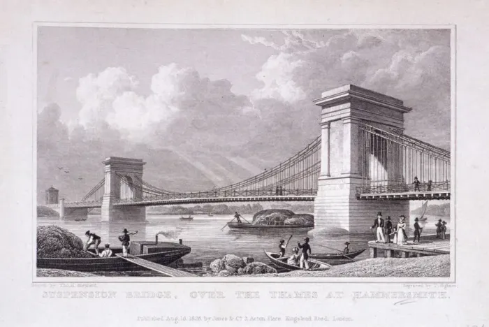 Framed Print : Hammersmith Bridge with water vessels on the River Thames, Hammersmith, London, 1828 Framed Print : Hammersmith Bridge with water vessels on the River Thames, Hammersmith, London, 1828