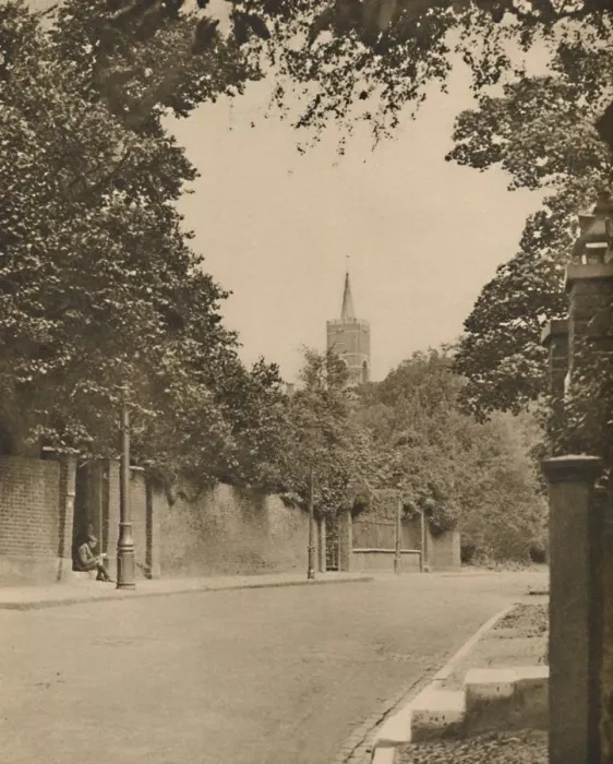 Framed Print : Hampstead Church from Between the Leafy Walls of Frognal Lane, c1935. Creator: Donald McLeish Framed Print : Hampstead Church from Between the Leafy Walls of Frognal Lane, c1935. Creator: Donald McLeish