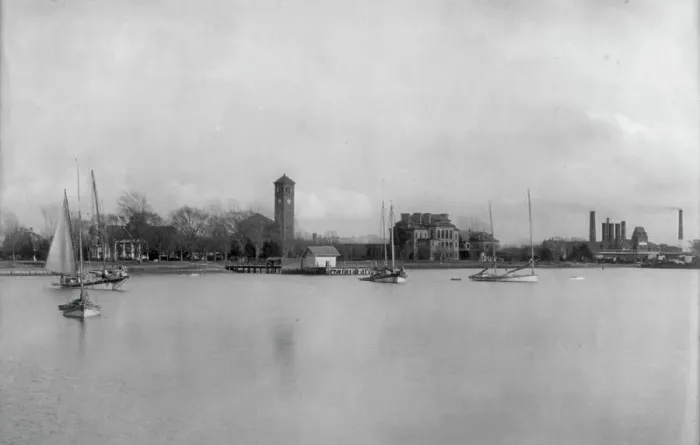 Framed Print : Hampton Institute campus from offshore (southern waterfront), Hampton, Virginia, 1899. Creator: Frances Benjamin Johnston Framed Print : Hampton Institute campus from offshore (southern waterfront), Hampton, Virginia, 1899. Creator: Frances Benjamin Johnston