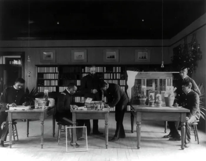 Framed Print : Hampton Institute, Hampton, Va. - teacher and five students studying insects in the... 1899 or 1900 Creator: Frances Benjamin Johnston Framed Print : Hampton Institute, Hampton, Va. - teacher and five students studying insects in the... 1899 or 1900 Creator: Frances Benjamin Johnston