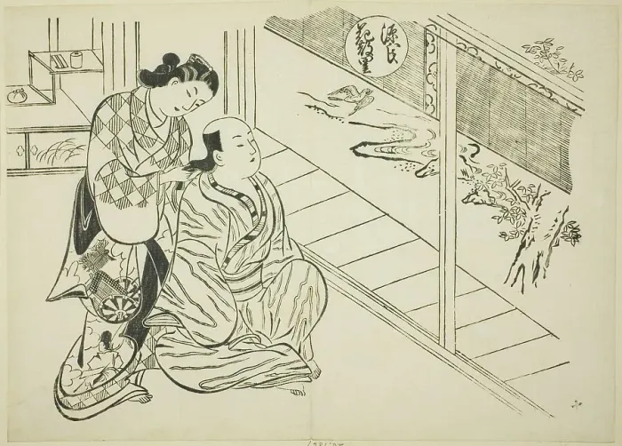 Framed Print : The Hanachirusato Chapter from The Tale of Genji (Genji Hanachirusato), from a series... c. 1710. Creator: Okumura Masanobu. The Hanachirusato Chapter from The Tale of Genji (Genji Hanachirusato), from a series... c. 1710 Framed Print : The Hanachirusato Chapter from The Tale of Genji (Genji Hanachirusato), from a series... c. 1710. Creator: Okumura Masanobu. The Hanachirusato Chapter from The Tale of Genji (Genji Hanachirusato), from a series... c. 1710