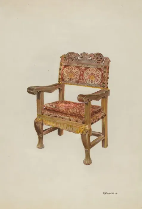 Framed Print : Hand-carved Armchair, c. 1937. Creator: Gerald Transpota Framed Print : Hand-carved Armchair, c. 1937. Creator: Gerald Transpota