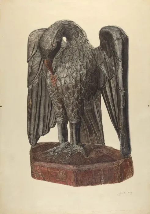 Framed Print : Hand Carved Eagle, c. 1938. Creator: John Cutting Framed Print : Hand Carved Eagle, c. 1938. Creator: John Cutting