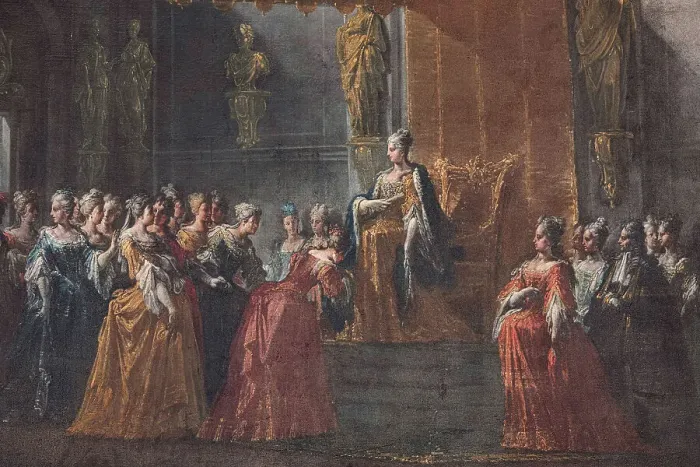 Framed Print : The hand kissing ceremony at the court of Queen Elisabetta Farnese, 1717-1718. Creator: Spolverini (Mercanti); Ilario Giacinto (1657-1734) Framed Print : The hand kissing ceremony at the court of Queen Elisabetta Farnese, 1717-1718. Creator: Spolverini (Mercanti); Ilario Giacinto (1657-1734)