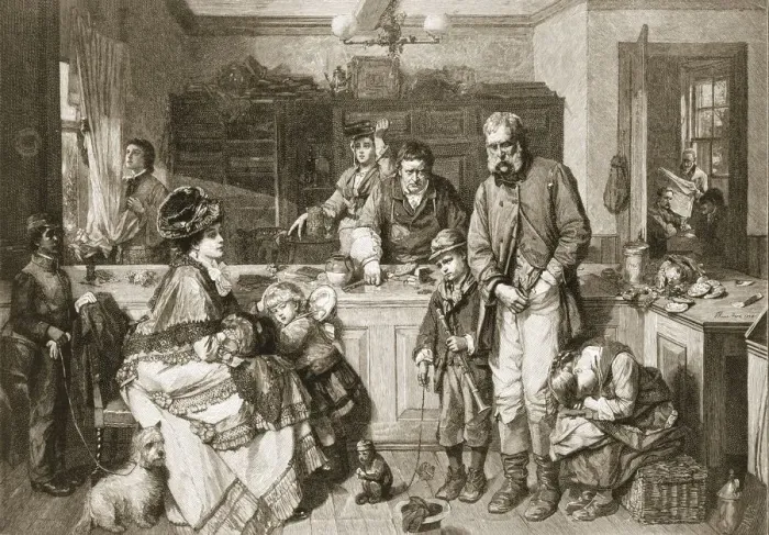 Framed Print : From Hand to Mouth - He was One of the Few who Would not Beg, pub. 1879. Creator Framed Print : From Hand to Mouth - He was One of the Few who Would not Beg, pub. 1879. Creator