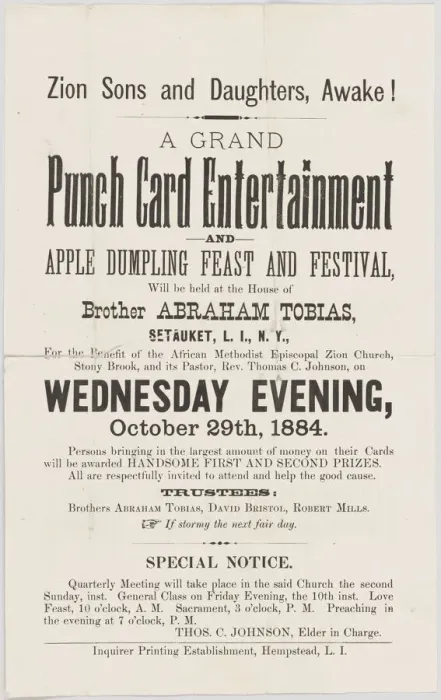 Framed Print : Handbill advertising a punch card event at A. M. E. Zion Church Stony Brook, 1884 Framed Print : Handbill advertising a punch card event at A. M. E. Zion Church Stony Brook, 1884