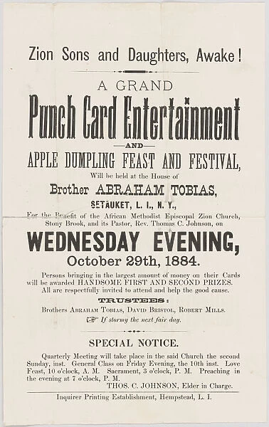 Handbill advertising a punch card event at A. M. E. Zion Church Stony Brook, 1884