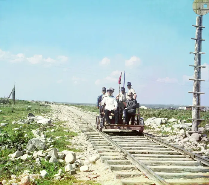 Framed Print : On the handcar outside Petrozavodsk on the Murmansk railway, 1915. Creator: Sergey Mikhaylovich Prokudin-Gorsky Framed Print : On the handcar outside Petrozavodsk on the Murmansk railway, 1915. Creator: Sergey Mikhaylovich Prokudin-Gorsky
