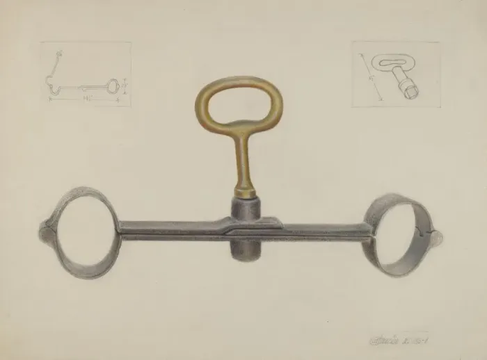 Framed Print : Handcuffs with One Key, c. 1936. Creator: Cornelius Frazier Framed Print : Handcuffs with One Key, c. 1936. Creator: Cornelius Frazier