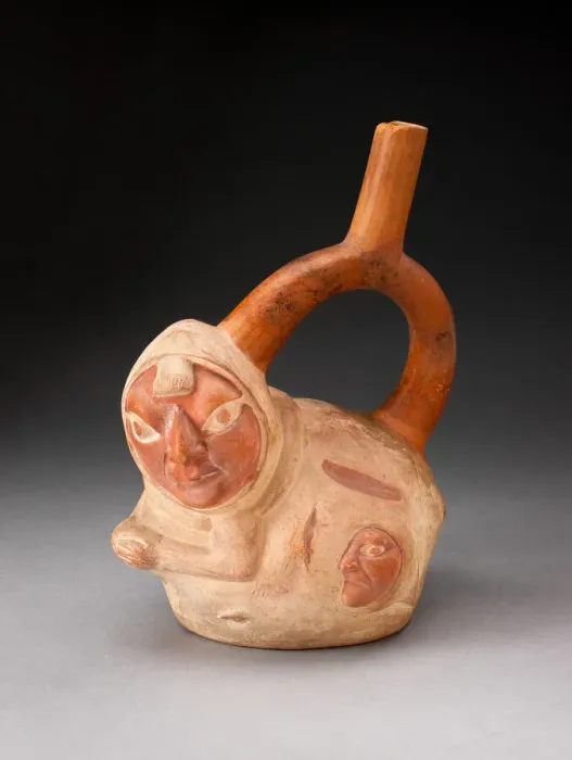 Framed Print : Handle Spout Vessel in the Form of a Crouching Figure with Human Heads Attached to Framed Print : Handle Spout Vessel in the Form of a Crouching Figure with Human Heads Attached to
