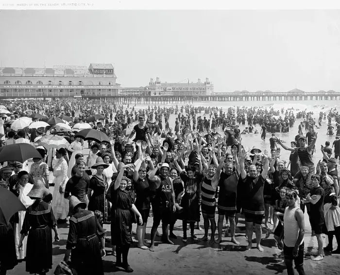 Framed Print : Hands up on the beach at Atlantic City, N.J. between 1900 and 1920. Creator: Unknown Framed Print : Hands up on the beach at Atlantic City, N.J. between 1900 and 1920. Creator: Unknown