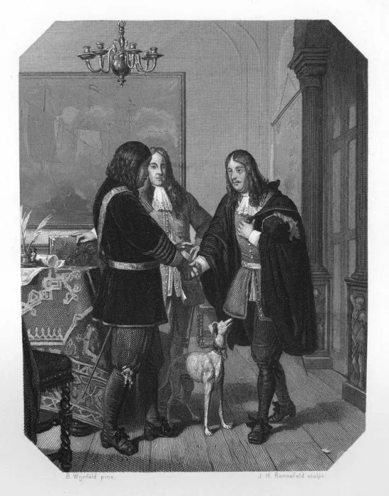 Framed Print : Handshake between Cornelis Tromp and Michiel de Ruyter, 17th century (c1870). Artist: JH Rennefeld Framed Print : Handshake between Cornelis Tromp and Michiel de Ruyter, 17th century (c1870). Artist: JH Rennefeld
