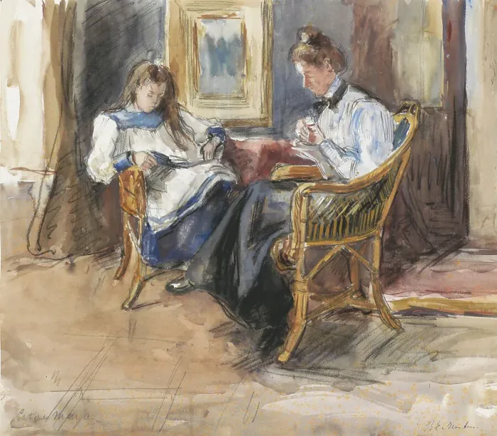 Framed Print : Handworking lady and reading girl seated in wicker chairs, in the house at Riouwstraat 6...1872-1950 Creator: Barbara Elisabeth van Houten Framed Print : Handworking lady and reading girl seated in wicker chairs, in the house at Riouwstraat 6...1872-1950 Creator: Barbara Elisabeth van Houten