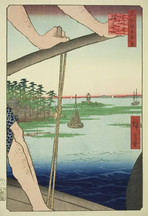 Framed Print : Haneda Ferry and Benten Shrine (Haneda no watashi Benten no yashiro), from the series... 1858. Creator: Ando Hiroshige Framed Print : Haneda Ferry and Benten Shrine (Haneda no watashi Benten no yashiro), from the series... 1858. Creator: Ando Hiroshige