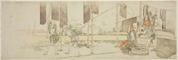 Framed Print : Hanging up dyed cloth, Japan, c. 1805. Creator: Hokusai Framed Print : Hanging up dyed cloth, Japan, c. 1805. Creator: Hokusai
