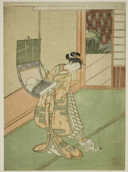 Framed Print : Hanging a Painting (parody of the Third Princess), c. 1767. Creator: Suzuki Harunobu Framed Print : Hanging a Painting (parody of the Third Princess), c. 1767. Creator: Suzuki Harunobu