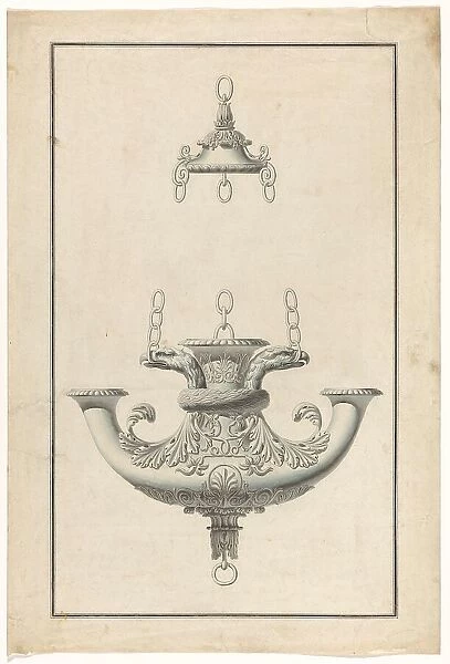 A hanging, patinated bronze lamp for three candles, decorated with eagle heads, c.1805-c.1820. Creator: Anon