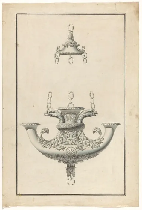 Framed Print : A hanging, patinated bronze lamp for three candles, decorated with eagle heads, c.1805-c.1820. Creator: Anon Framed Print : A hanging, patinated bronze lamp for three candles, decorated with eagle heads, c.1805-c.1820. Creator: Anon