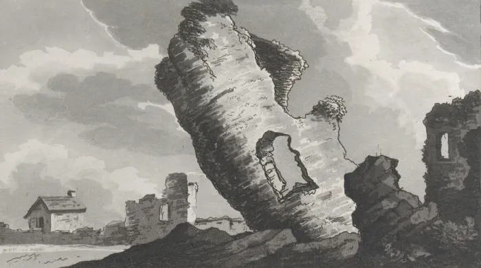 Framed Print : The Hanging Tower at Caerphilly, from Remarks on a Tour to North and South Wales, 1800. Creator: John Hill Framed Print : The Hanging Tower at Caerphilly, from Remarks on a Tour to North and South Wales, 1800. Creator: John Hill