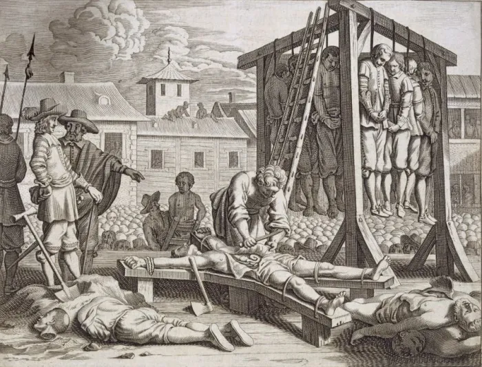 Framed Print : Hangings and torture, pub. 1672. Creator: Philip Baldaeus (1632-1672) Framed Print : Hangings and torture, pub. 1672. Creator: Philip Baldaeus (1632-1672)