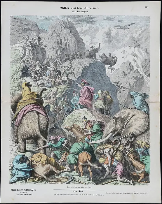 Framed Print : Hannibal Crosses the Alps (from Munchener Bilderbogen). Artist: Leutemann, Gottlob Heinrich (1824-1905) Framed Print : Hannibal Crosses the Alps (from Munchener Bilderbogen). Artist: Leutemann, Gottlob Heinrich (1824-1905)