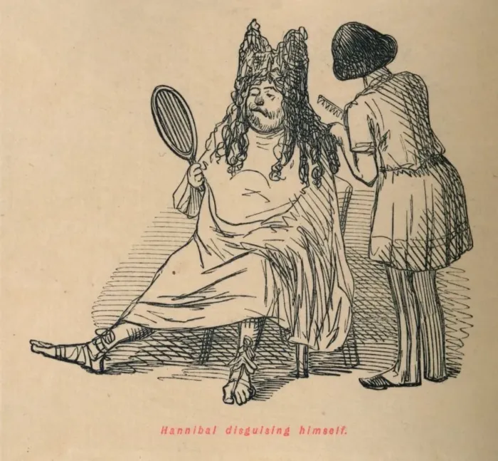 Framed Print : Hannibal disguising himself, 1852. Artist: John Leech Framed Print : Hannibal disguising himself, 1852. Artist: John Leech