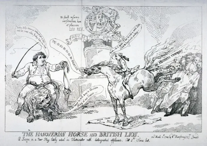 Framed Print : The Hanoverian horse and British lion, 1784. Artist: Thomas Rowlandson Framed Print : The Hanoverian horse and British lion, 1784. Artist: Thomas Rowlandson