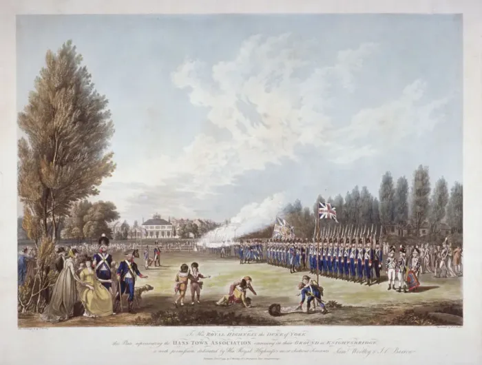 Framed Print : The Hans-Town Association exercising at their ground in Knightsbridge, London, 1799 Framed Print : The Hans-Town Association exercising at their ground in Knightsbridge, London, 1799