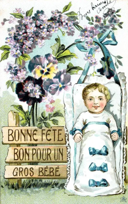Framed Print : Happy Birthday, Large Baby, Large Baby, French Postcard, c1900 Framed Print : Happy Birthday, Large Baby, Large Baby, French Postcard, c1900